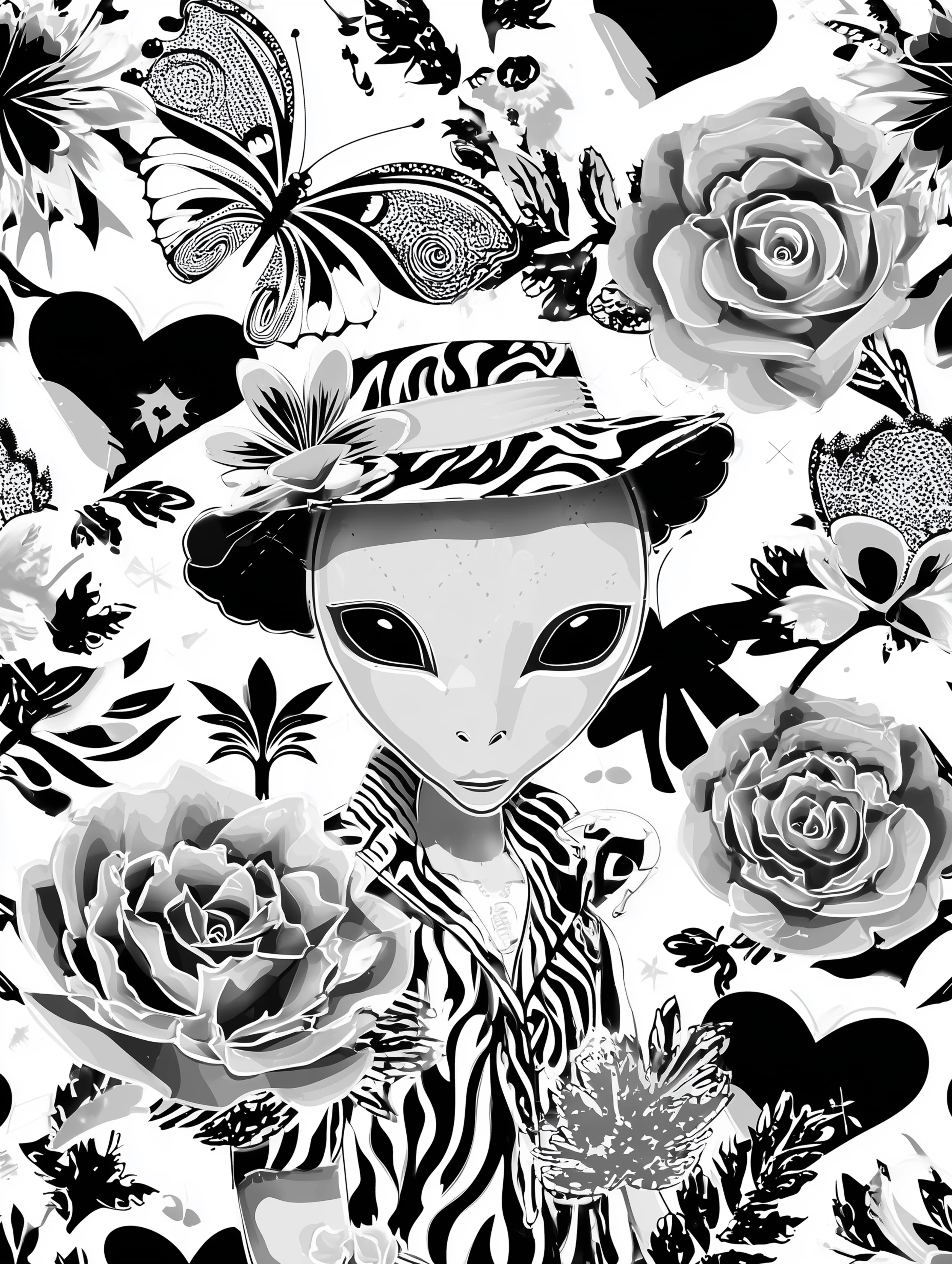 Free printable alien coloring page for adults featuring a sneaky alien holding flowers